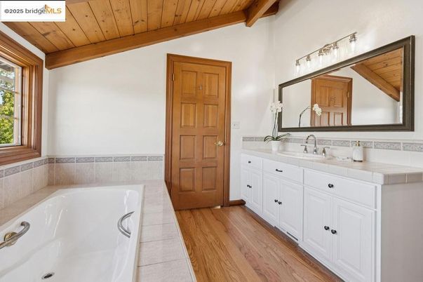 Bathroom, Dual Sink Vanities, Interior, Tile Countertops, Wooden Beams, Wooden Ceilings, Wood Texture Flooring