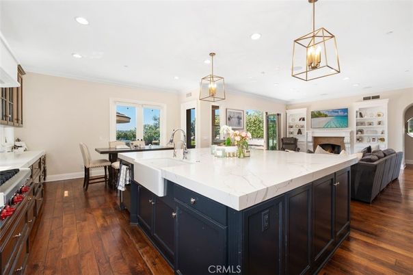 Dining room, Fireplace, Interior, Kitchen, Living room, Pendant Lights, Recessed Lighting, Wood Texture Flooring
