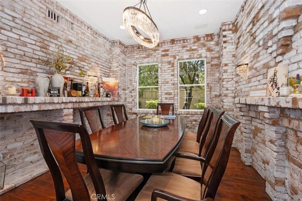 Dining room, Interior, Pendant Lights, Recessed Lighting, Stone Walls, Wood Texture Flooring