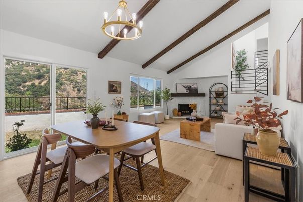 Dining room, Fireplace, Interior, Living room, Pendant Lights, Wooden Beams, Wood Texture Flooring