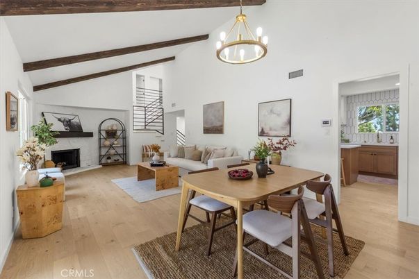 Dining room, Fireplace, Interior, Living room, Pendant Lights, Wooden Beams, Wood Texture Flooring
