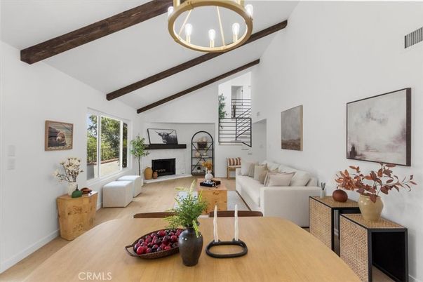Dining room, Fireplace, Interior, Living room, Pendant Lights, Wooden Beams, Wood Texture Flooring