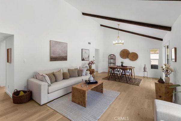 Dining room, Interior, Living room, Pendant Lights, Wooden Beams, Wood Texture Flooring