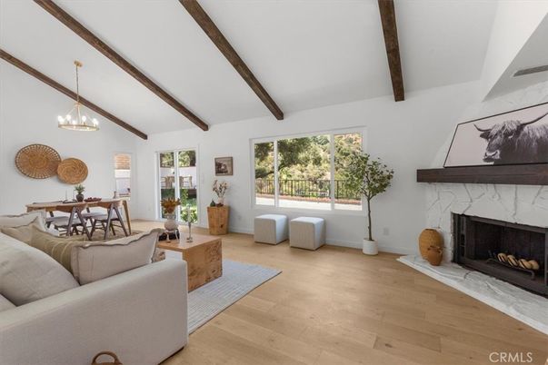 Dining room, Fireplace, Interior, Living room, Pendant Lights, Wooden Beams, Wood Texture Flooring