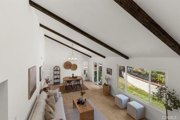 Dining room, Interior, Living room, Pendant Lights, Wooden Beams, Wood Texture Flooring