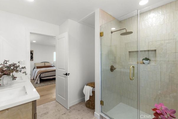Bathroom, Bedroom, Glass Shower, Interior, Recessed Lighting, Wood Texture Flooring