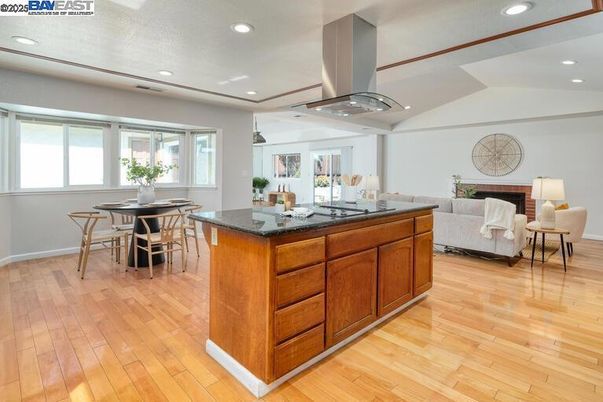 Dining room, Interior, Living room, Recessed Lighting, Wood Texture Flooring