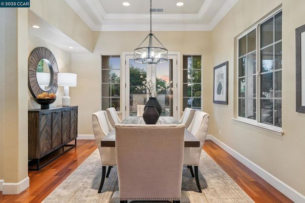Dining room, Interior, Pendant Lights, Recessed Lighting, Wood Texture Flooring