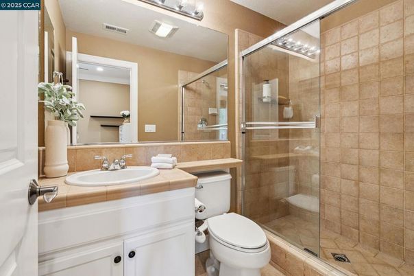 Bathroom, Glass Shower, Interior, Recessed Lighting, Tile Countertops