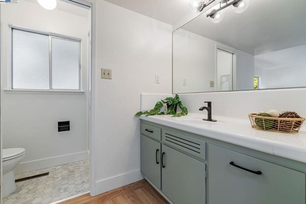Bathroom, Interior, Tile Countertops, Wood Texture Flooring