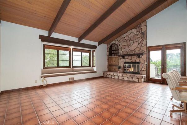 Empty room, Fireplace, Interior, Stone Walls, Wooden Beams, Wooden Ceilings