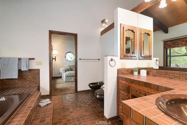 Bathroom, Dual Sink Vanities, Interior, Tile Countertops, Wooden Beams
