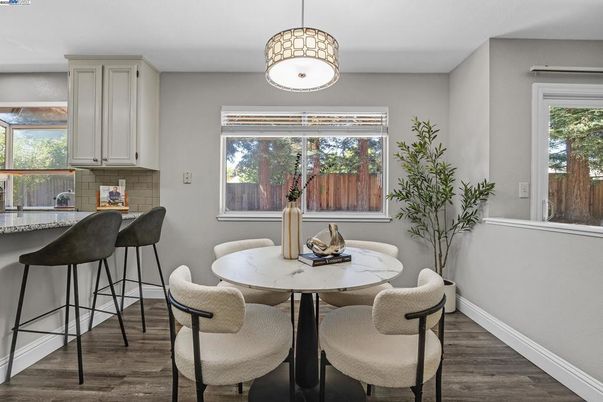 Dining room, Interior, Pendant Lights, Wood Texture Flooring