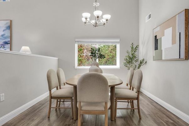 Chandelier, Dining room, Interior, Wood Texture Flooring