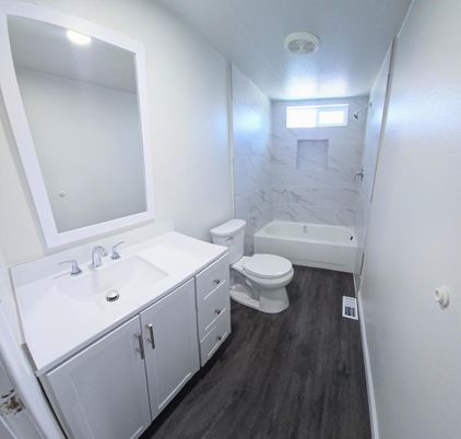Bathroom, Interior, Marble Walls, Recessed Lighting, Wood Texture Flooring