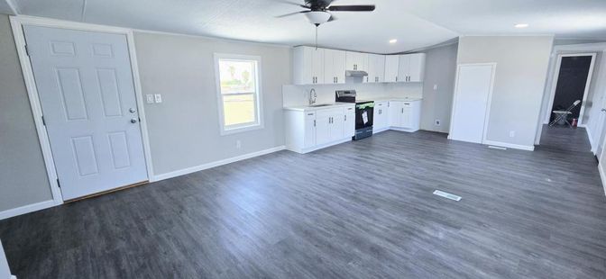 Empty room, Interior, Kitchen, Recessed Lighting, Wood Texture Flooring