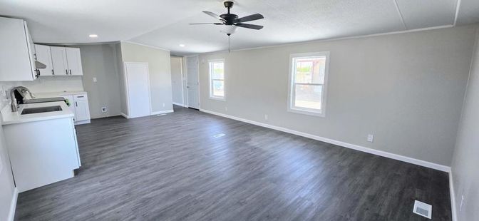 Empty room, Interior, Kitchen, Recessed Lighting, Wood Texture Flooring