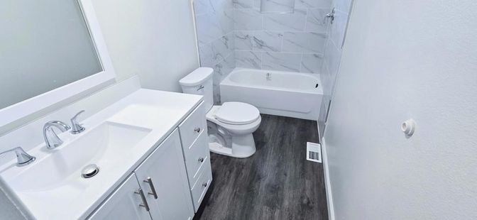 Bathroom, Interior, Marble Walls, Wood Texture Flooring