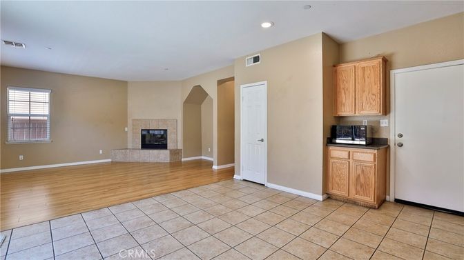 Empty room, Fireplace, Interior, Recessed Lighting, Wood Texture Flooring