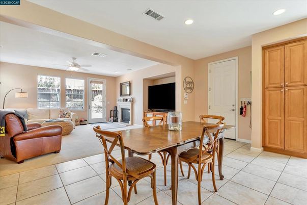 Dining room, Fireplace, Interior, Living room, Recessed Lighting
