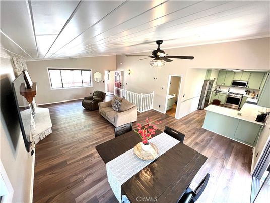 Dining room, Interior, Kitchen, Living room, Stainless Steel Appliances, Wood Texture Flooring