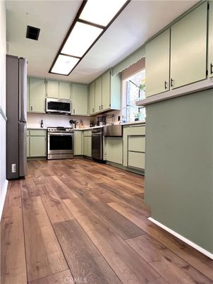 Interior, Kitchen, Stainless Steel Appliances, Wood Texture Flooring