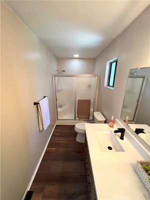 Bathroom, Glass Shower, Interior, Recessed Lighting, Wood Texture Flooring