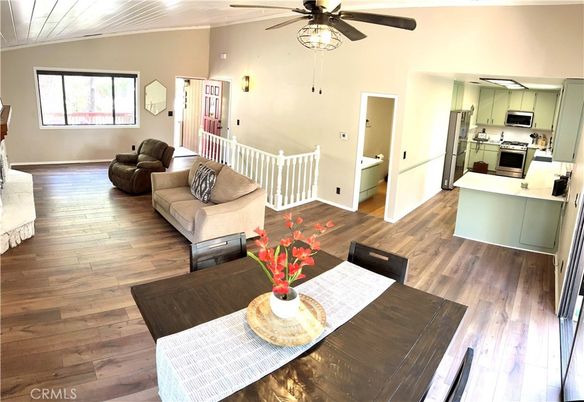 Dining room, Interior, Kitchen, Living room, Stainless Steel Appliances, Wood Texture Flooring