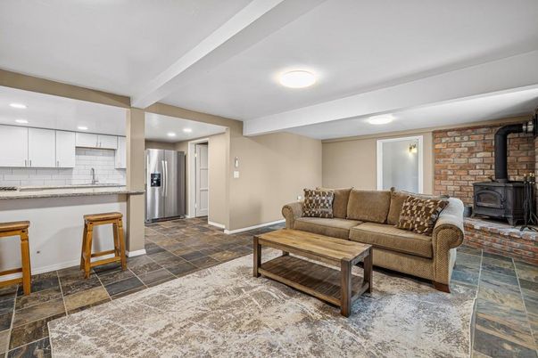 Fireplace, Interior, Kitchen, Living room, Recessed Lighting, Stone Walls