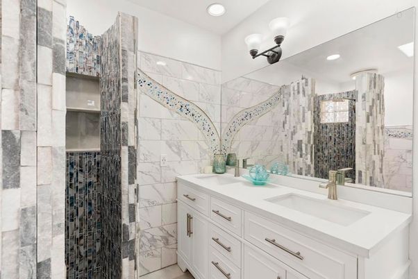 Bathroom, Interior, Marble Walls, Recessed Lighting