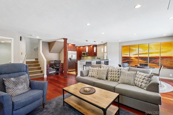Dining room, Interior, Kitchen, Living room, Pendant Lights, Recessed Lighting, Stainless Steel Appliances, Wood Texture Flooring