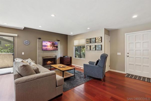 Fireplace, Interior, Living room, Recessed Lighting, Wood Texture Flooring