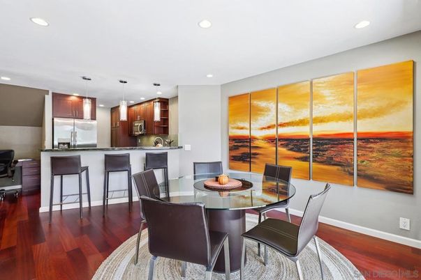 Dining room, Interior, Kitchen, Pendant Lights, Recessed Lighting, Wood Texture Flooring