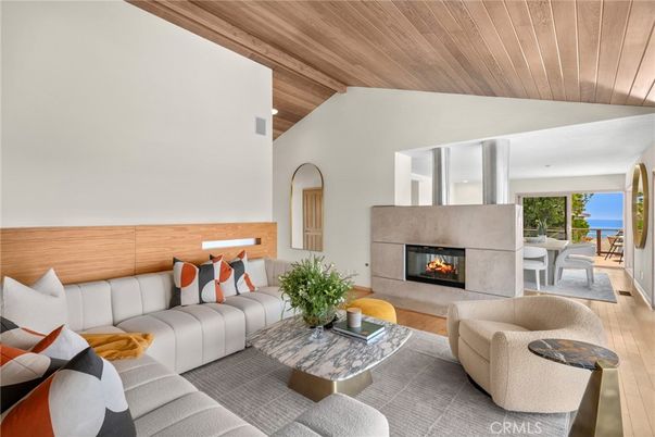 Dining room, Fireplace, Interior, Living room, Water, Wooden Ceilings, Wood Texture Flooring