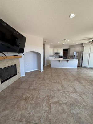 Fireplace, Interior, Kitchen, Recessed Lighting, Stainless Steel Appliances