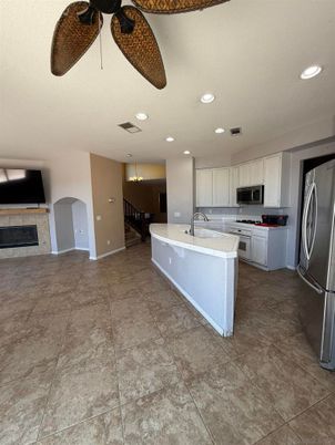 Dining room, Fireplace, Interior, Kitchen, Recessed Lighting, Stainless Steel Appliances