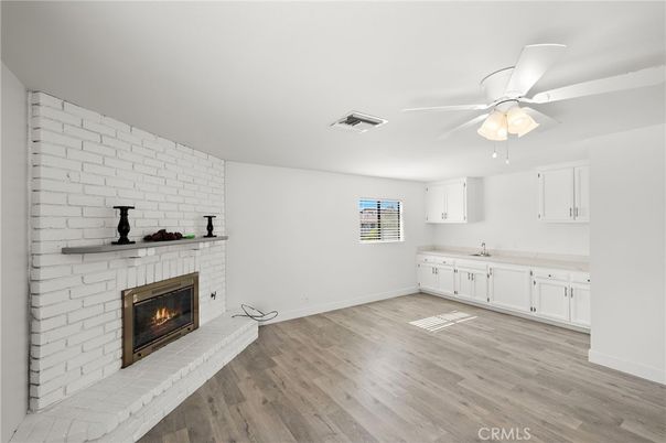 Empty room, Fireplace, Interior, Stone Walls, Wood Texture Flooring