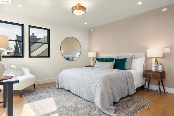 Bedroom, Interior, Recessed Lighting, Wood Texture Flooring