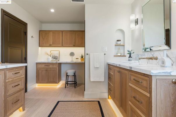 Bathroom, Dual Sink Vanities, Interior, Recessed Lighting, Wood Texture Flooring