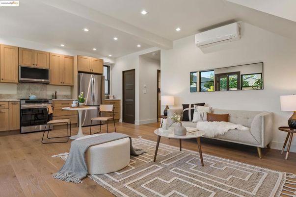Interior, Kitchen, Living room, Recessed Lighting, Stainless Steel Appliances, Wood Texture Flooring