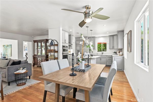 Dining room, Interior, Kitchen, Living room, Recessed Lighting, Stainless Steel Appliances, Wood Texture Flooring
