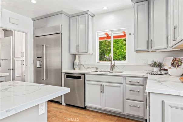 Interior, Kitchen, Recessed Lighting, Stainless Steel Appliances, Wood Texture Flooring