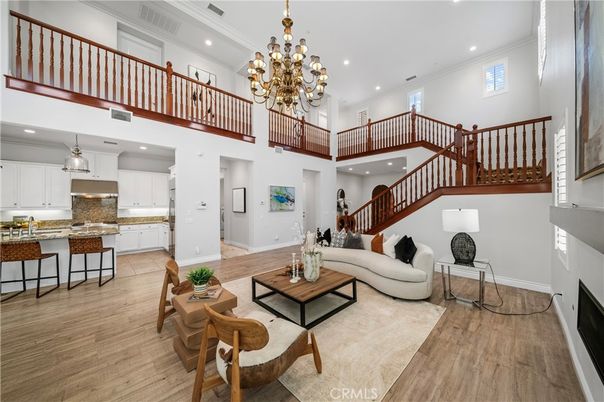 Chandelier, Interior, Kitchen, Living room, Recessed Lighting, Wood Texture Flooring
