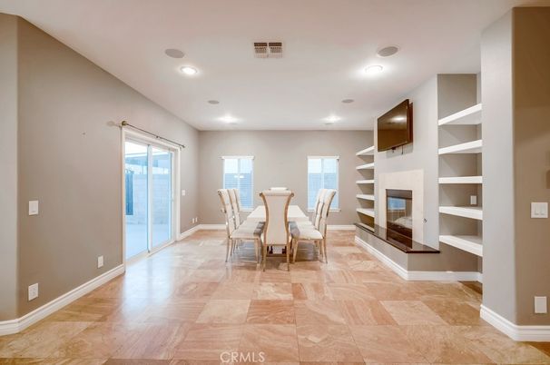 Dining room, Fireplace, Interior, Recessed Lighting