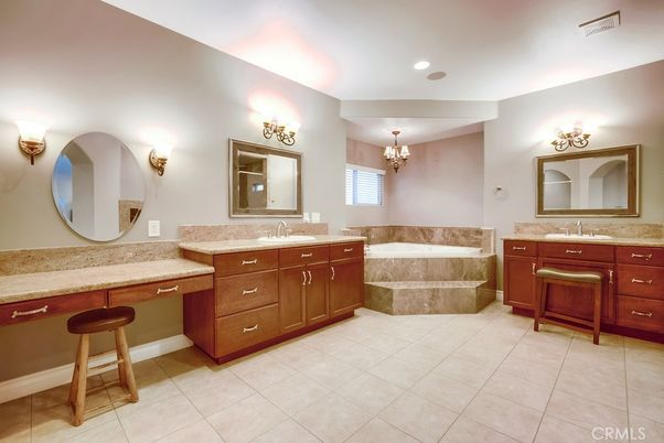 Bathroom, Chandelier, Dual Sink Vanities, Interior, Recessed Lighting
