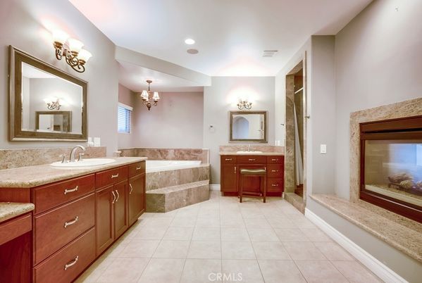 Bathroom, Chandelier, Dual Sink Vanities, Interior, Recessed Lighting