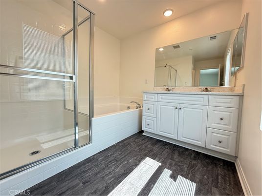 Bathroom, Glass Shower, Interior, Recessed Lighting, Wood Texture Flooring