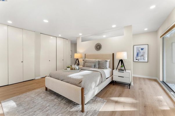 Bedroom, Interior, Recessed Lighting, Wood Texture Flooring