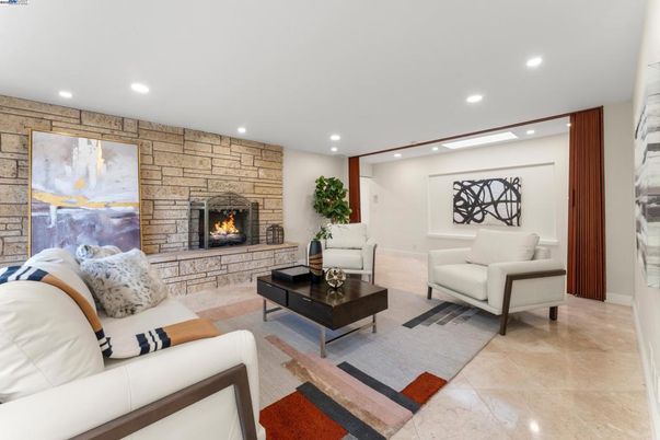 Fireplace, Interior, Living room, Recessed Lighting, Stone Walls