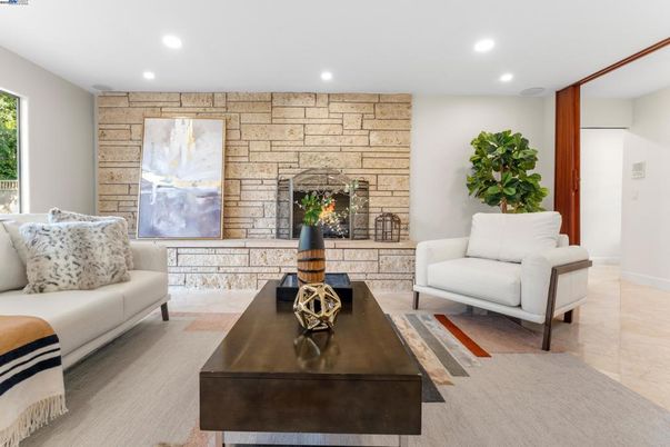Fireplace, Interior, Living room, Recessed Lighting, Stone Walls